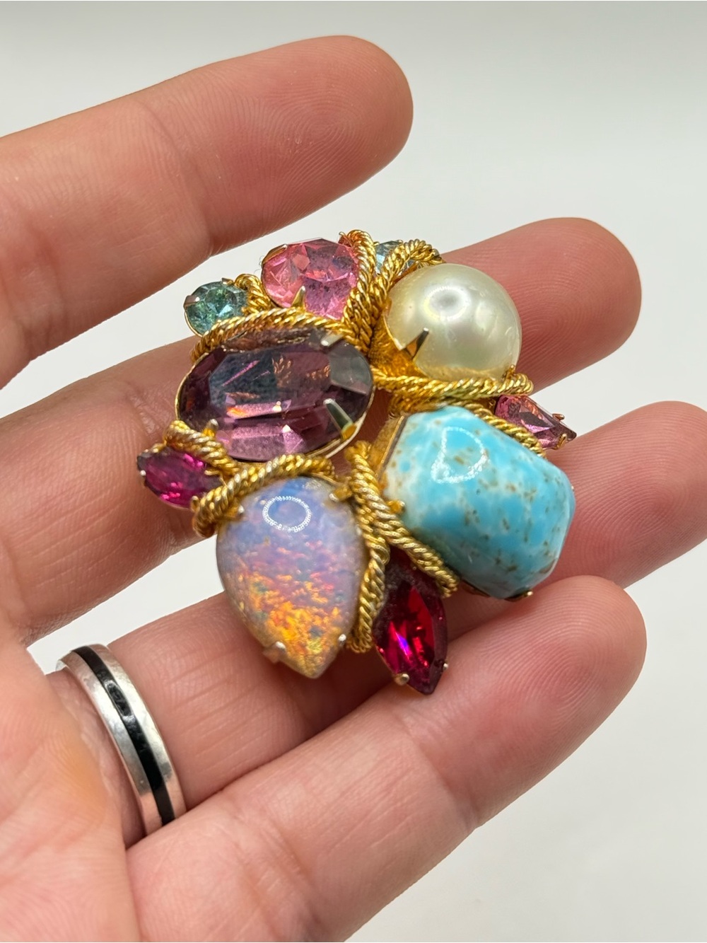Vogue JRLY  Gold Multistone Brooch with Turquoise, Opal, Pearl and Pink Crystals
